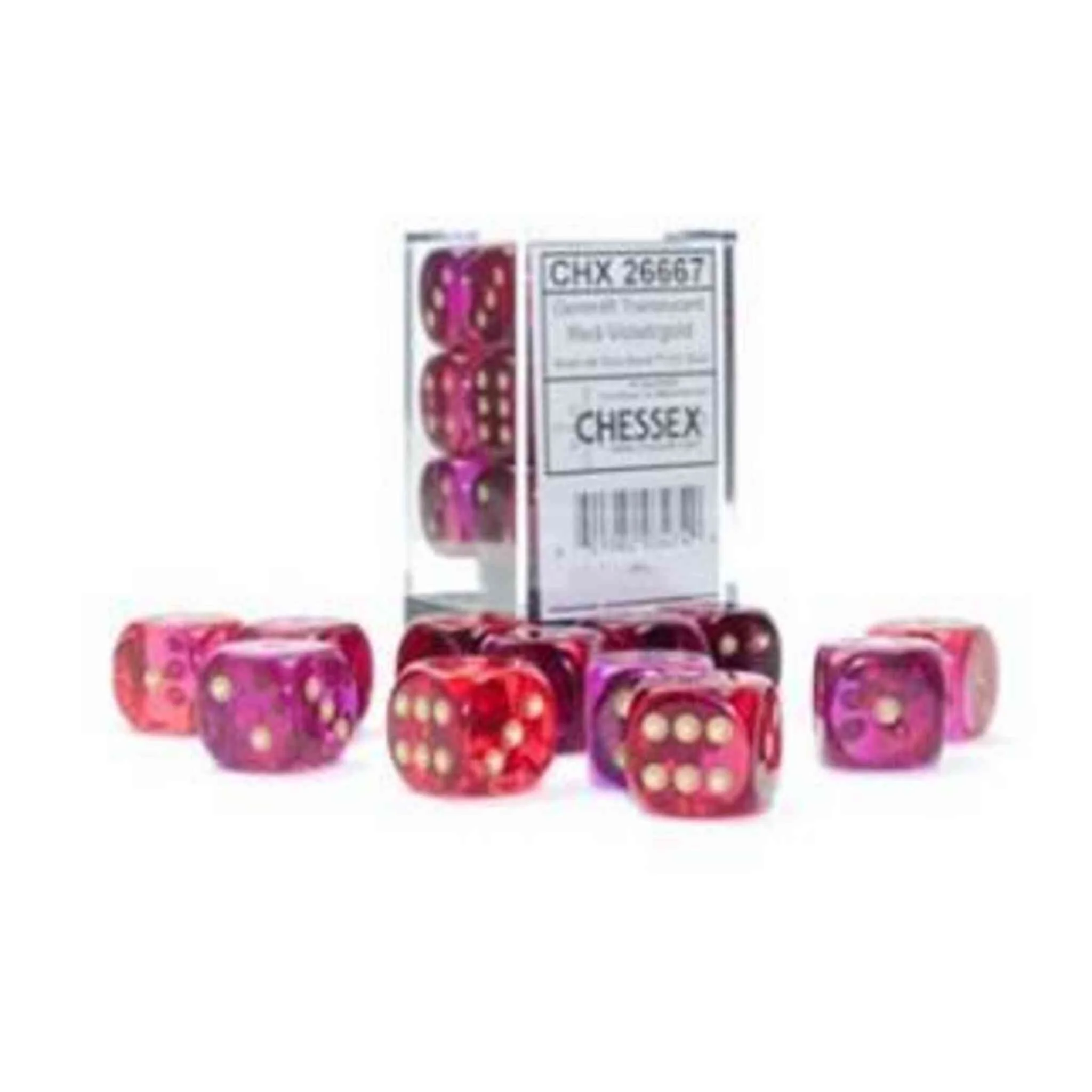Chessex Gemini Translucent Dice - 12 x D6 - 16mm - Red-Violet/Gold